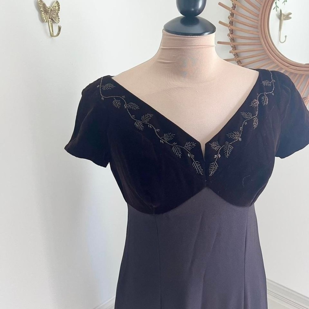 Vintage Liz Claiborne Brown Velvet Embroidered Evening Gown Wedding Dress - Picture 4 of 8